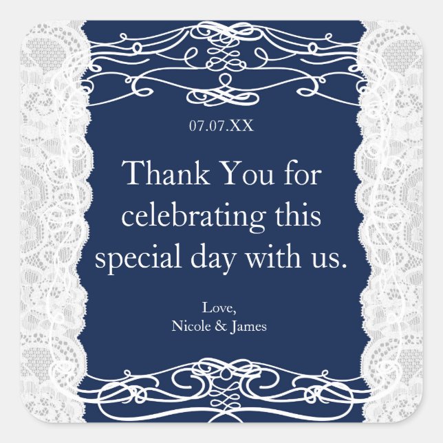 Blue & White Lace Elegant Wedding Favor Stickers (Front)