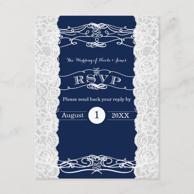 Blue & White Lace Elegant Wedding RSVP Card (Front)