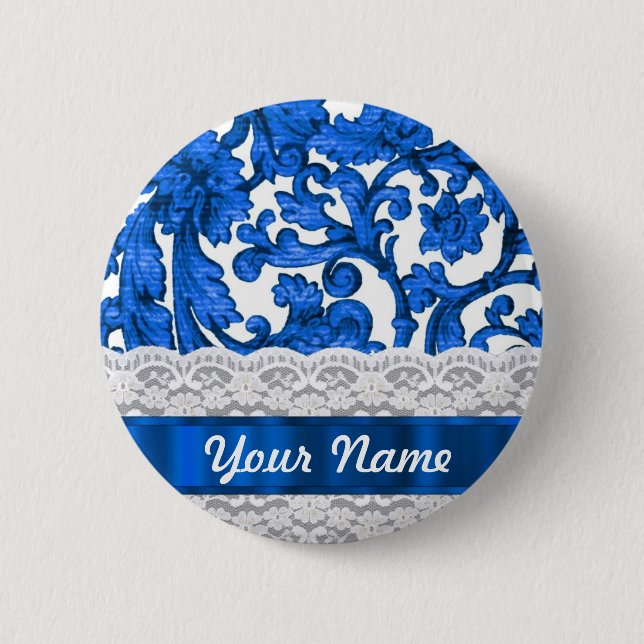 Blue & white lace pinback button (Front)