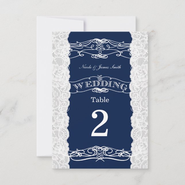Blue & White Lace Wedding Table Number Cards (Front)