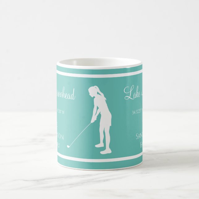 Blue White  lake's name  Lady golfer silhouette Coffee Mug (Center)