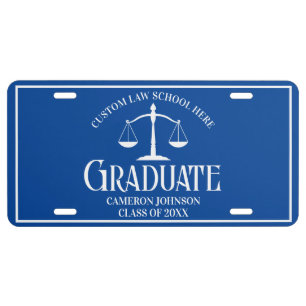 Blue White Law School Graduate License Plate