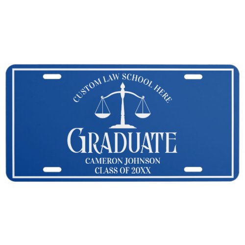Blue White Law School Graduate License Plate