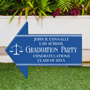 Blue White Law School Graduation Arrow Yard Sign