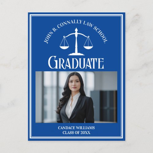 Blue White Law School Photo Graduation Announcement Postcard