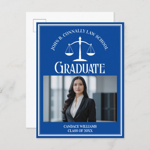 Blue White Law School Photo Graduation Announcement Postcard
