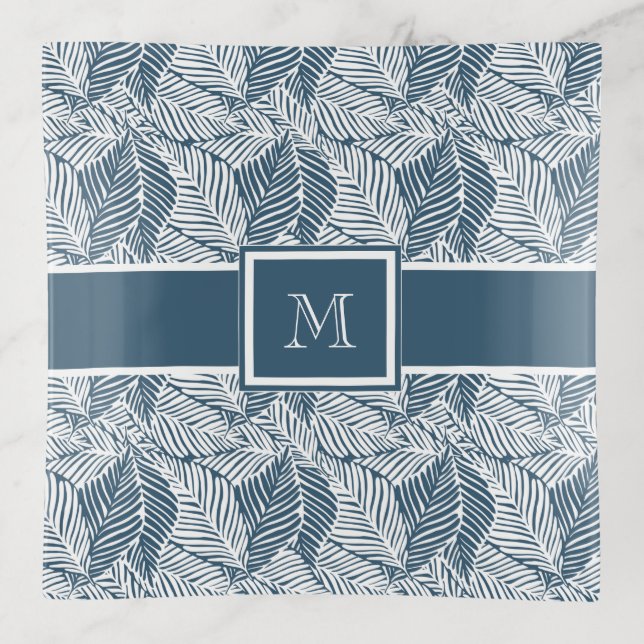Blue White Leaf Pattern Monogram Trinket Tray (Front)