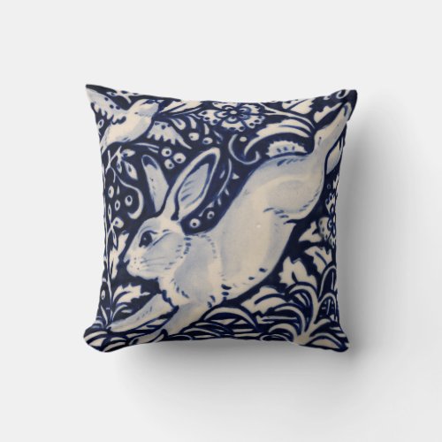 Blue White Leaping Rabbit Hare Bunny Chinoiserie Throw Pillow