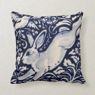 Blue White Leaping Rabbit Hare Bunny Chinoiserie Throw Pillow