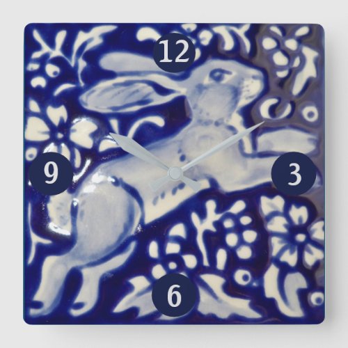 Blue  White Leaping Rabbit Hare Ceramic Tile Art Square Wall Clock
