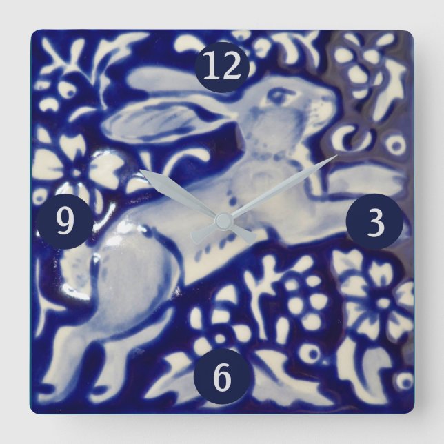Blue & White Leaping Rabbit Hare Ceramic Tile Art Square Wall Clock (Front)