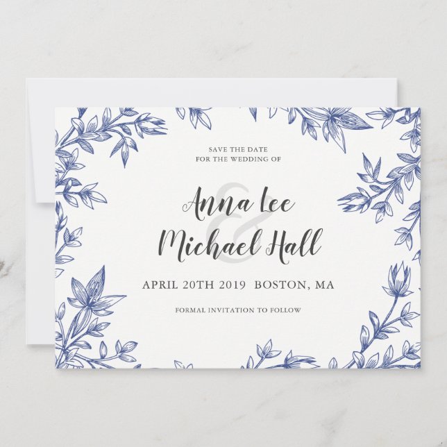 Blue & White Leaves Custom Wedding Save the Date (Front)