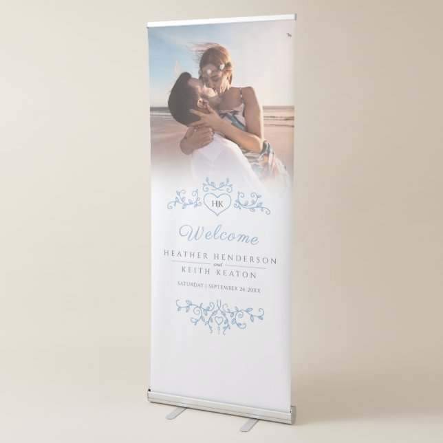 Blue white leaves wedding photo heart retractable banner (3/4)