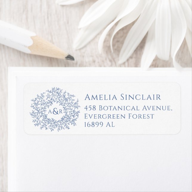 Blue white leaves wedding return address label (Insitu)