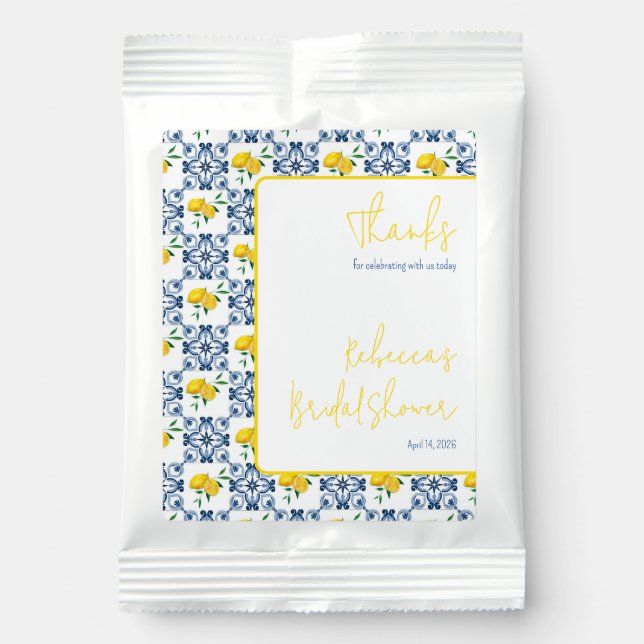 Blue White Lemon Mediterranean Tile Bridal Shower Lemonade Drink Mix (Front)