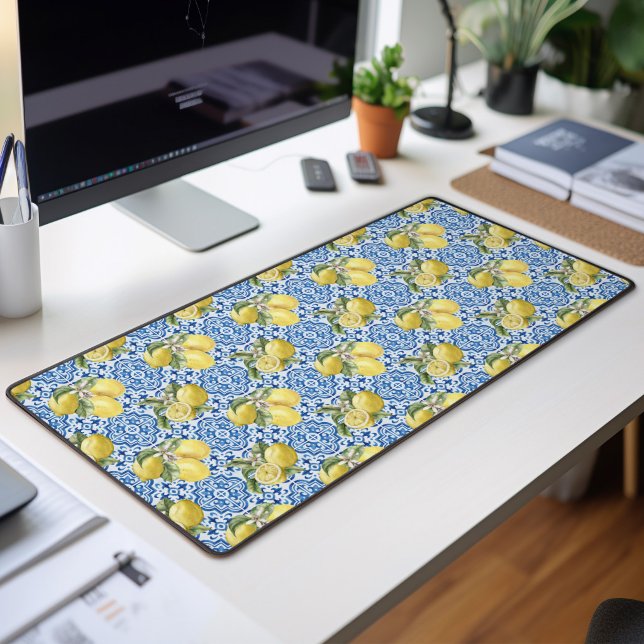 Blue White Lemon Tile Mediterranean Pattern Desk Mat (Creator Uploaded)