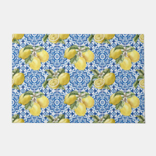 Blue White Lemon Tile Mediterranean Pattern Doormat