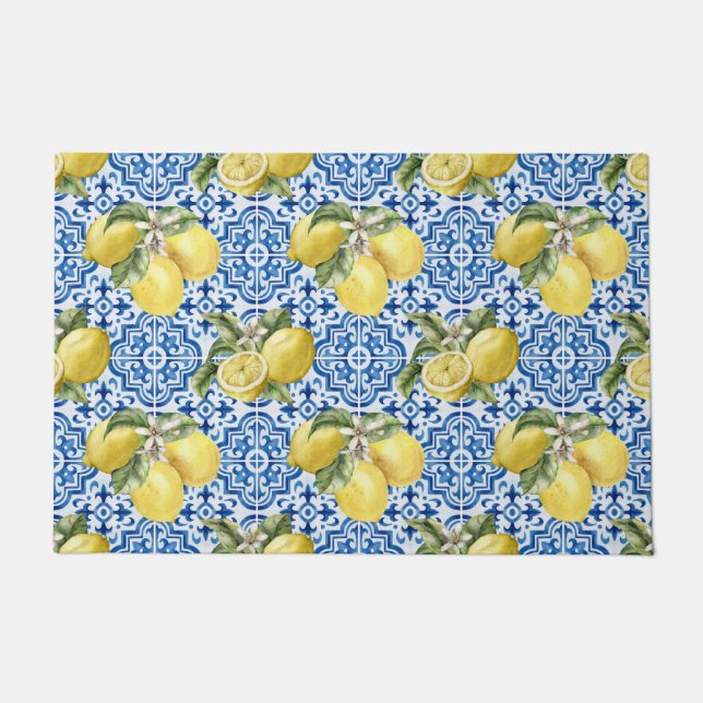 Blue White Lemon Tile Mediterranean Pattern Doormat (Front)