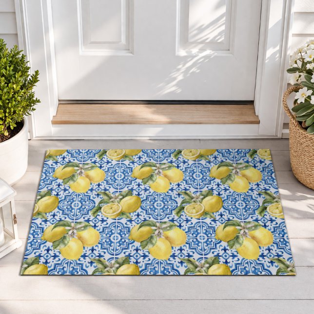 Blue White Lemon Tile Mediterranean Pattern Doormat (Creator Uploaded)