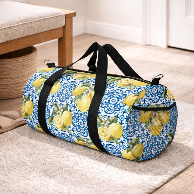 Blue White Lemon Tile Mediterranean Pattern Duffle Bag (Creator Uploaded)