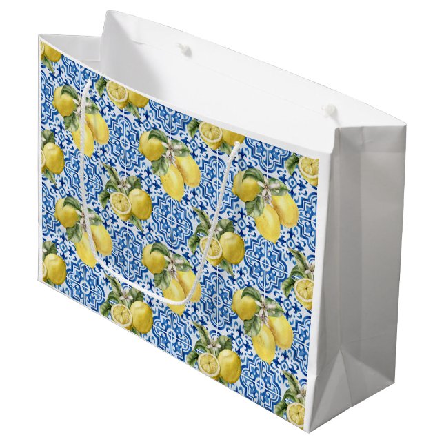 Blue White Lemon Tile Mediterranean Pattern Large Gift Bag (Front Angled)