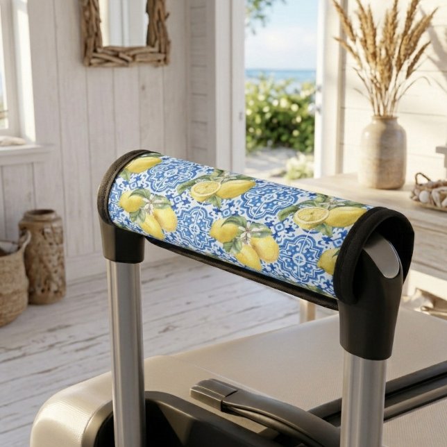Blue White Lemon Tile Mediterranean Pattern Luggage Handle Wrap (Creator Uploaded)