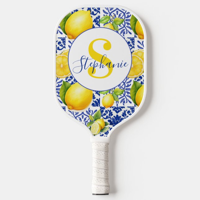 Blue White Lemon Tile Pattern Citrus Monogram Name Pickleball Paddle (Front)