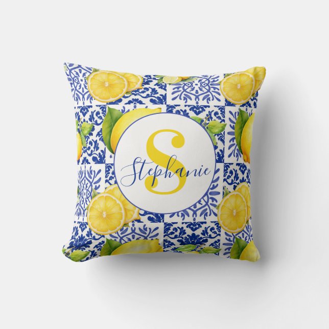 Blue White Lemon Tile Pattern Citrus Monogram Name Throw Pillow (Front)