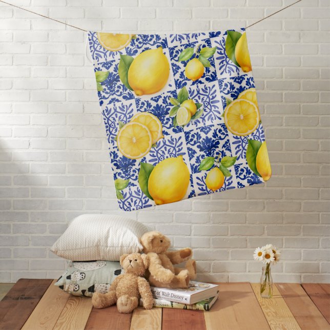 Blue White Lemon Tile Pattern Mediterranean Citrus Baby Blanket (In Situ)