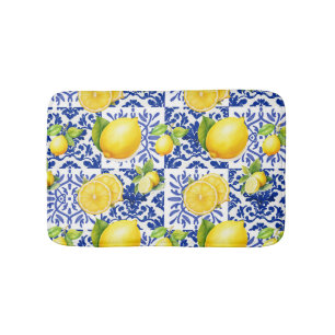 Blue White Lemon Tile Pattern Mediterranean Citrus Bath Mat
