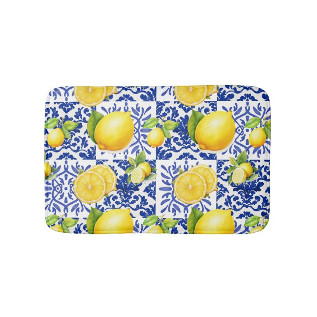 Blue White Lemon Tile Pattern Mediterranean Citrus Bath Mat (Front)