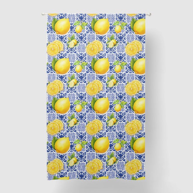 Blue White Lemon Tile Pattern Mediterranean Citrus Blackout Curtains (Front)