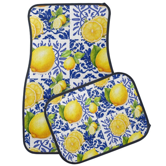 Blue White Lemon Tile Pattern Mediterranean Citrus Car Floor Mat (Set)