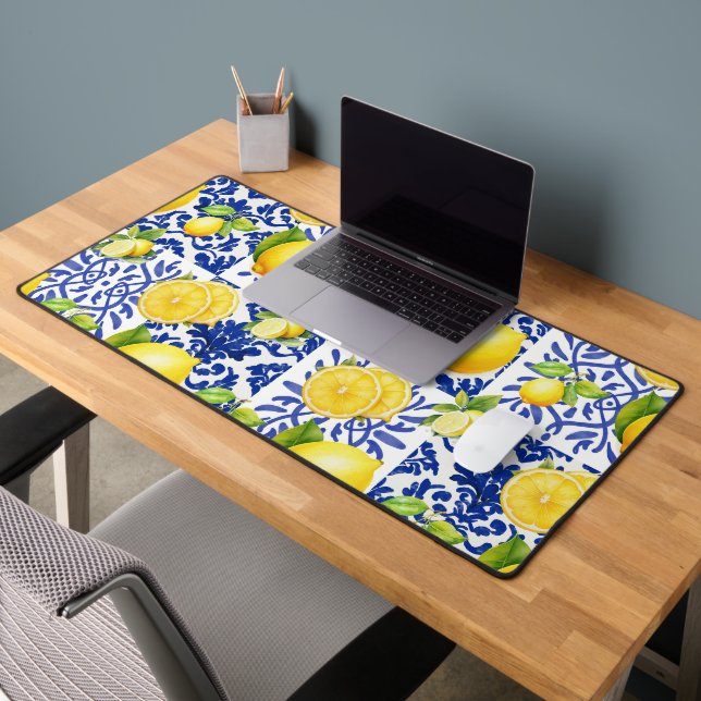 Blue White Lemon Tile Pattern Mediterranean Citrus Desk Mat (Office 2)