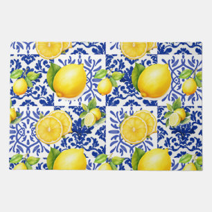 Blue White Lemon Tile Pattern Mediterranean Citrus Doormat