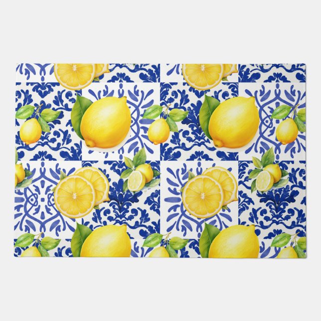 Blue White Lemon Tile Pattern Mediterranean Citrus Doormat (Front)