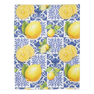 Blue White Lemon Tile Pattern Mediterranean Citrus Duvet Cover
