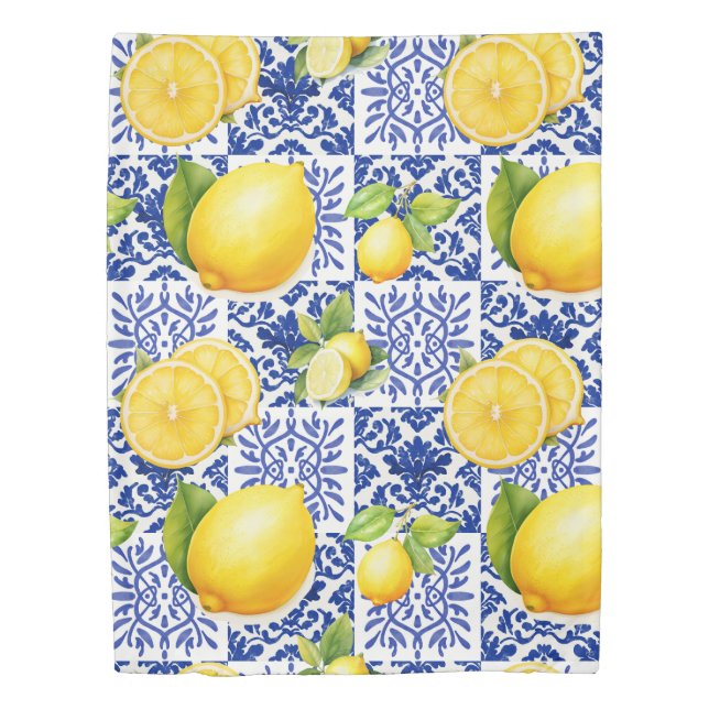 Blue White Lemon Tile Pattern Mediterranean Citrus Duvet Cover (Front)
