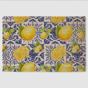 Blue White Lemon Tile Pattern Mediterranean Citrus Fiber Doormat