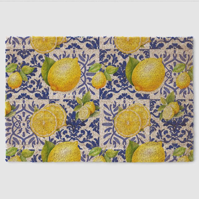 Blue White Lemon Tile Pattern Mediterranean Citrus Fiber Doormat (Front)