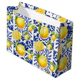 Blue White Lemon Tile Pattern Mediterranean Citrus Large Gift Bag