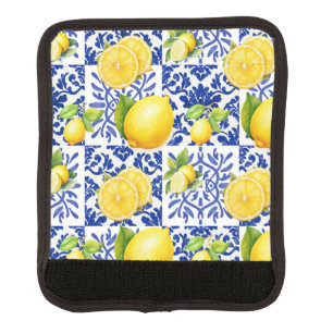 Blue White Lemon Tile Pattern Mediterranean Citrus Luggage Handle Wrap