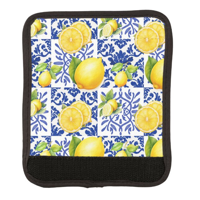 Blue White Lemon Tile Pattern Mediterranean Citrus Luggage Handle Wrap (Front)