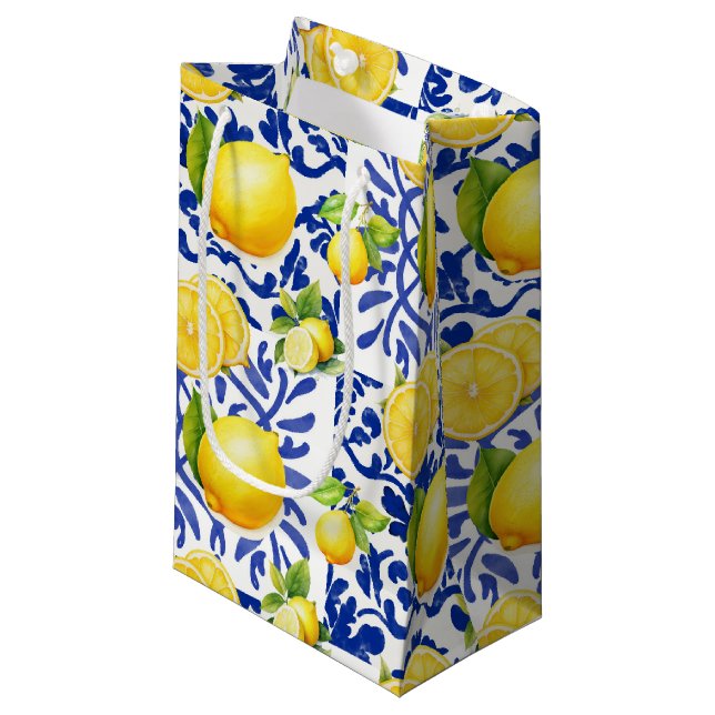 Blue White Lemon Tile Pattern Mediterranean Citrus Small Gift Bag (Front Angled)