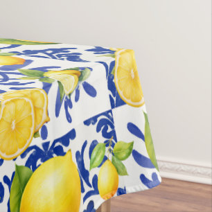 Blue White Lemon Tile Pattern Mediterranean Citrus Tablecloth