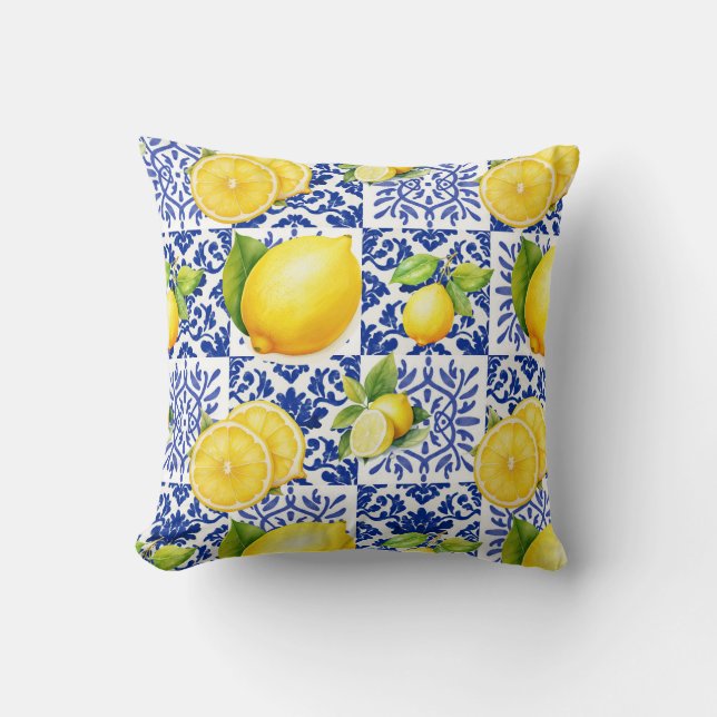 Blue White Lemon Tile Pattern Mediterranean Citrus Throw Pillow (Front)