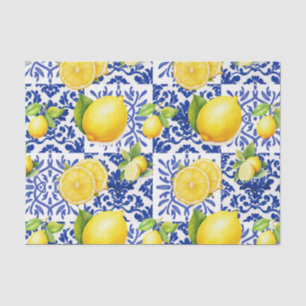 Blue White Lemon Tile Pattern Mediterranean Citrus Tissue Paper