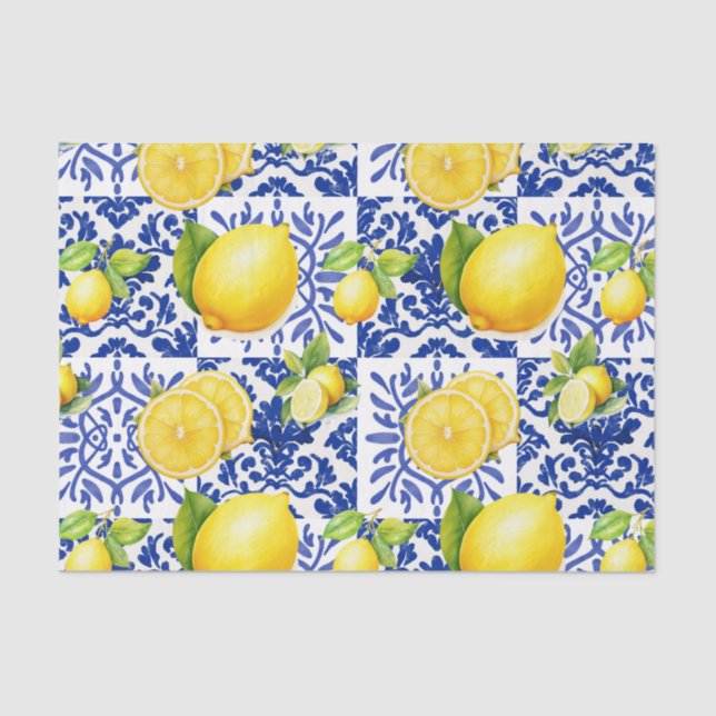 Blue White Lemon Tile Pattern Mediterranean Citrus Tissue Paper (Front)
