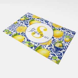 Blue White Lemon Tile Pattern Monogram Name Citrus Doormat