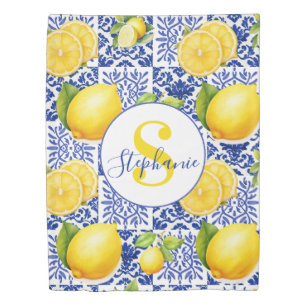 Blue White Lemon Tile Pattern Monogram Name Citrus Duvet Cover